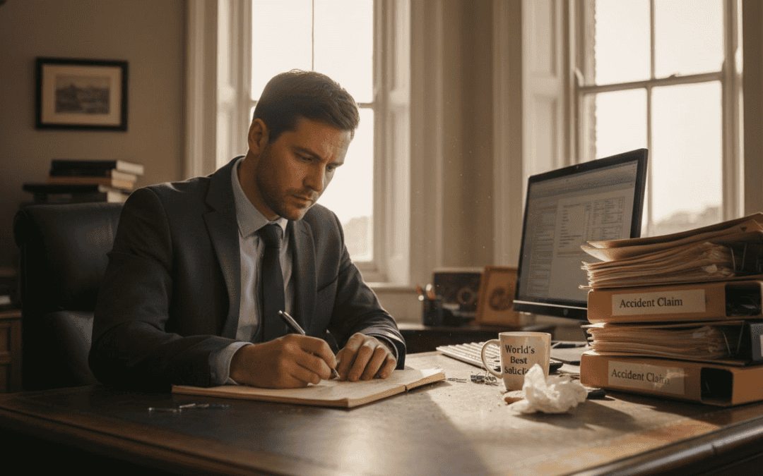 Solicitor reviewing accident claim documents in an office setting.