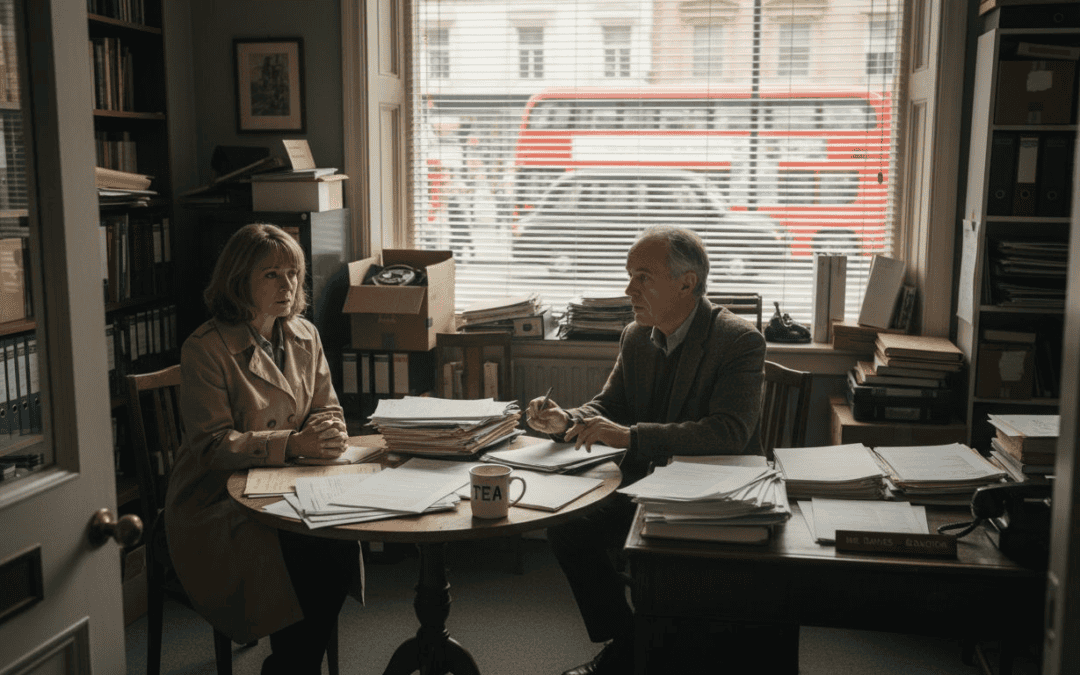 Workplace injury claim discussion between a solicitor and client in an office.