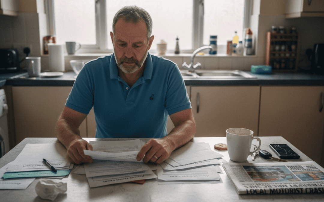 Man reviewing documents for a UK road accident claim at home.