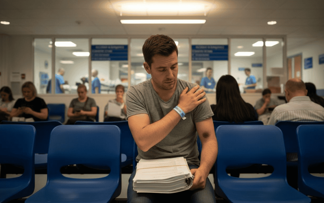 Man waiting for accident claim assistance at UK legal centre.