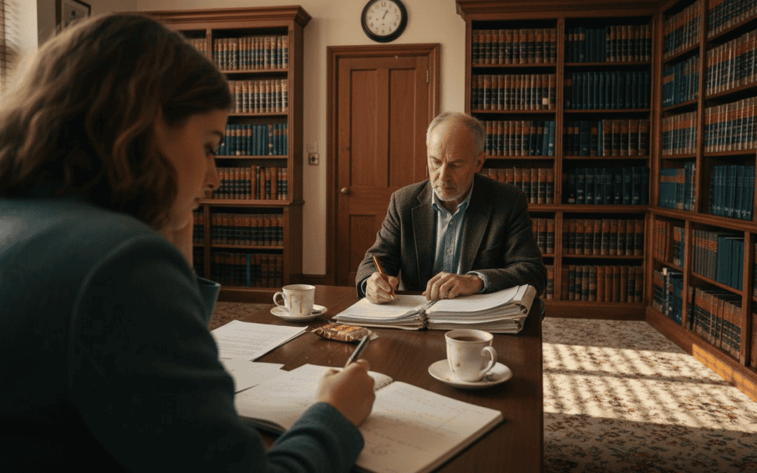 Legal consultation for accident compensation in a law office setting.