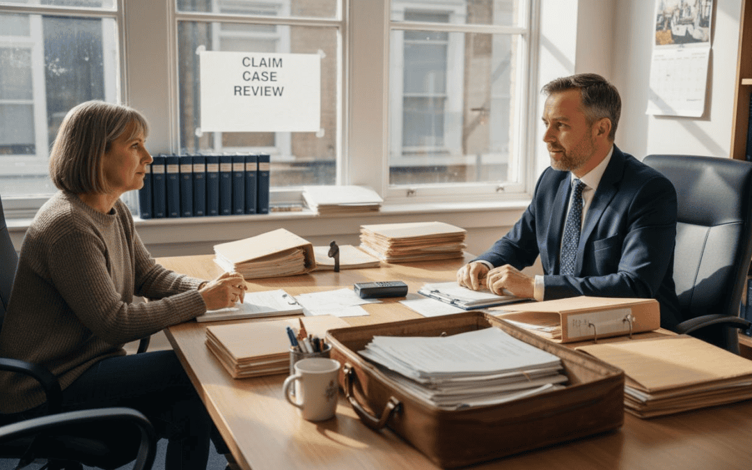 Lawyer advising a client on injury claim process in an office setting.