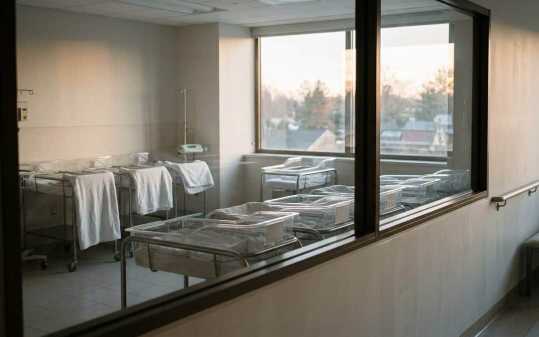 Hospital ward with empty beds and medical equipment, view through glass window.