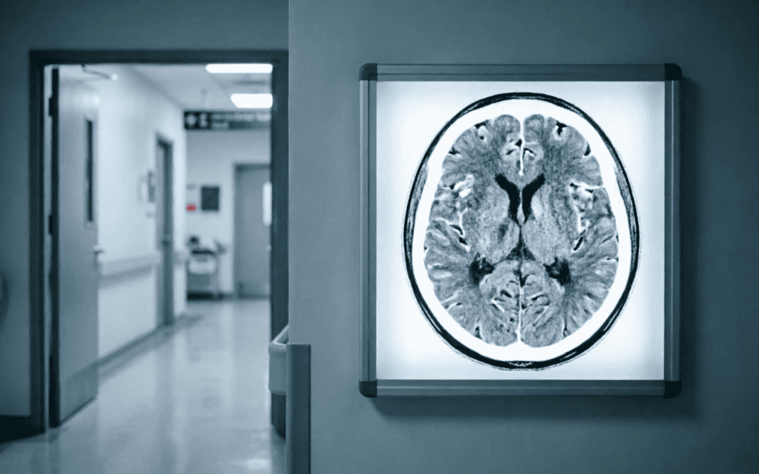 Brain MRI scan displayed on wall in hospital corridor.