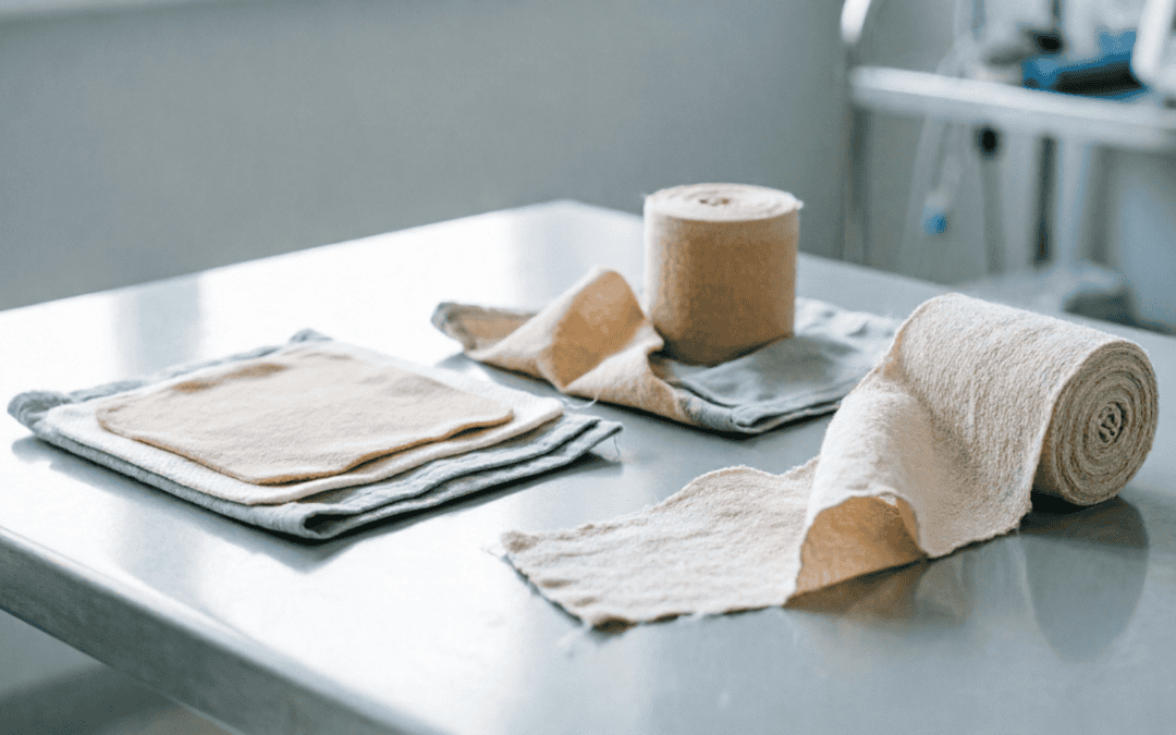 Assorted medical bandages and gauze on a clinical table.