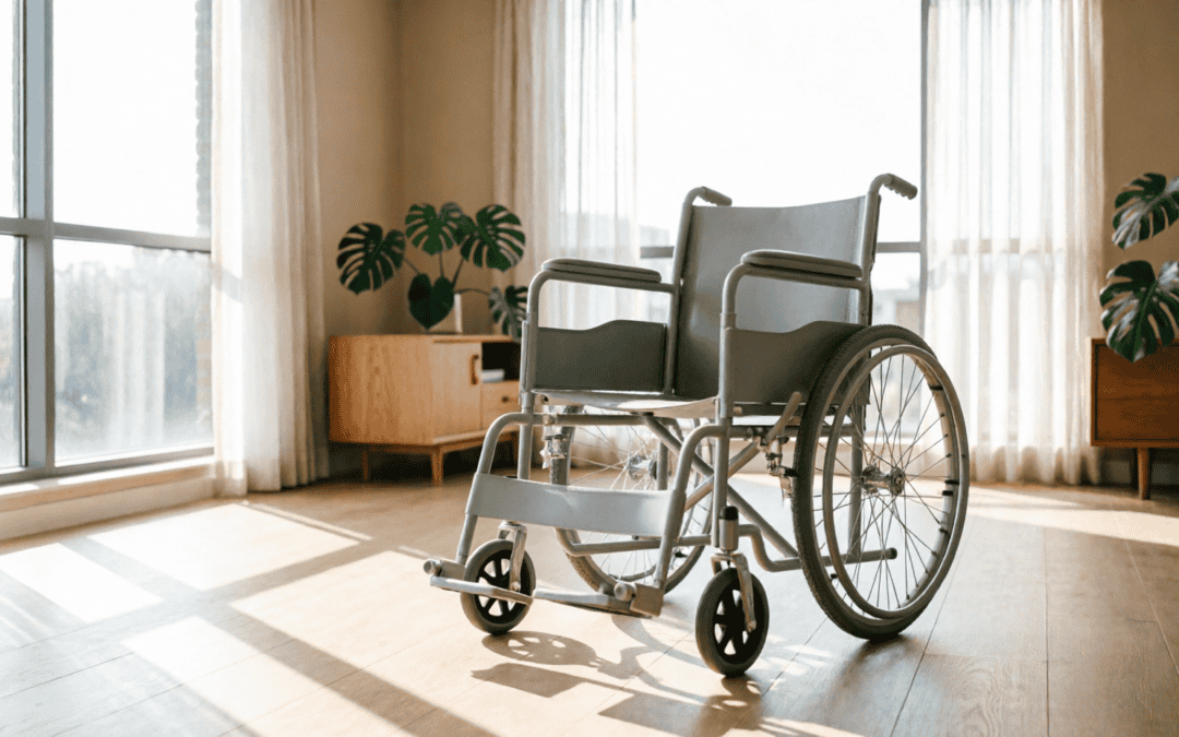 Wheelchair in a sunlit room with large windows and houseplants.