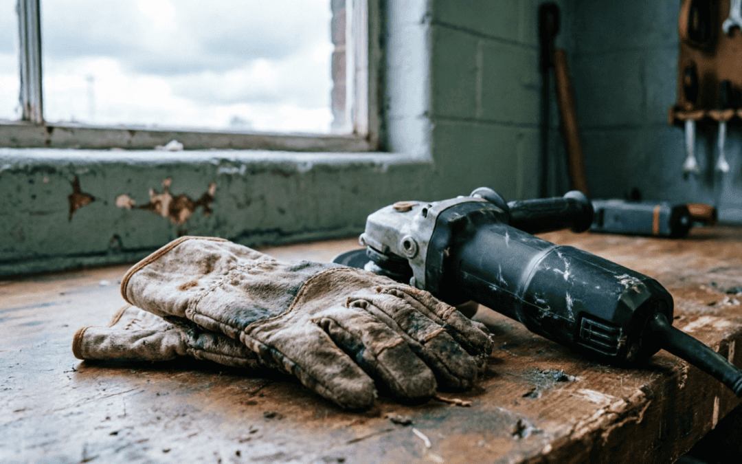 Power drill and work gloves on a wooden workbench in a workshop.