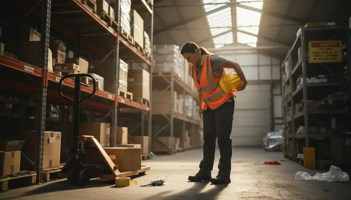 Warehouse worker with injury holds lower back