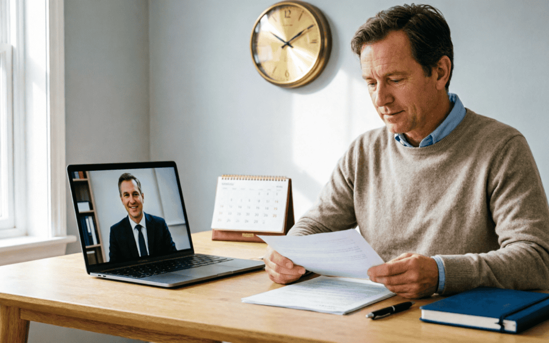 A relieved person reviewing medical negligence claim documents with a professional legal advisor on a laptop in a warm, well-lit UK home office, with a subtle clock in the background symbolizing time limits and the hope of seeking justice.