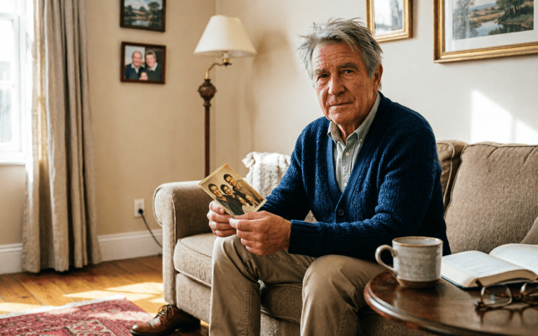 Older man sitting on a sofa in a modest British living room, holding a family photograph while considering a clinical negligence claim.