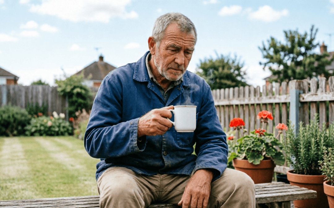 Older working-class man sitting on a wooden bench in a modest British backyard garden, holding a mug of tea.