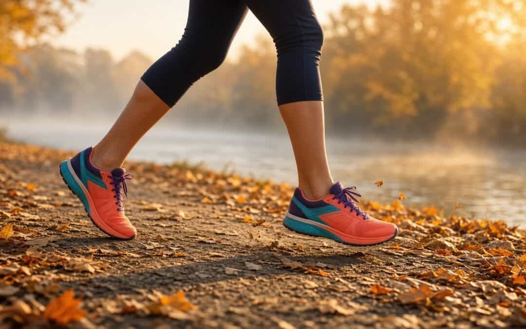 Runner's feet in coral running shoes mid-stride on a leaf-covered riverside path at sunrise