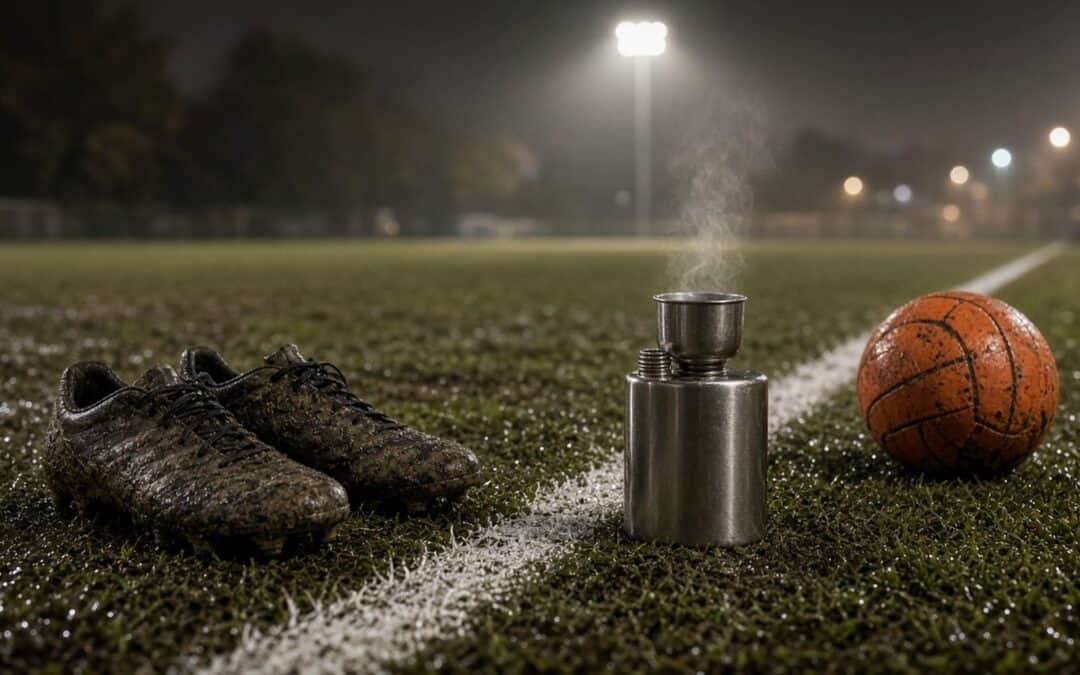 Muddy football boots, a steaming flask and an orange ball on a wet touchline under blurred floodlights, illustrating a guide to prostate cancer misdiagnosis claims