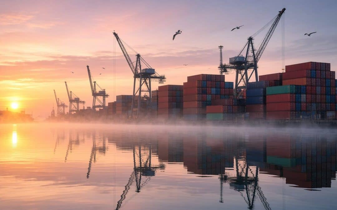 Sunrise over a working dockside with cranes and colourful containers reflected in still water, illustrating a guide to asbestos-related lung cancer claims for former industrial workers