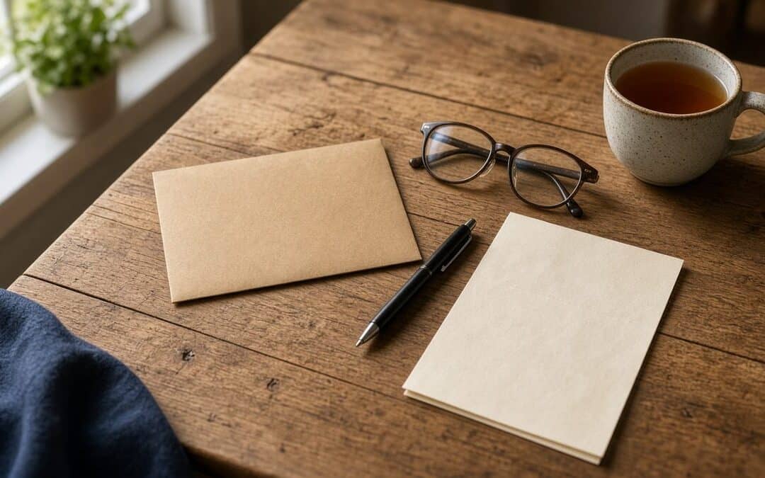 Blank claim form, envelope and reading glasses on a kitchen table in morning light